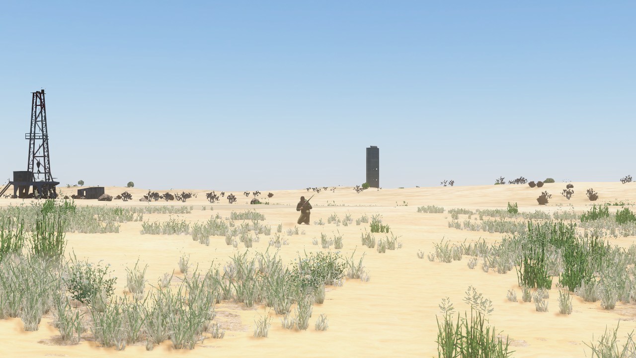 A crouched figure with a scoped rifle in the desert grass, an oil derrick behind