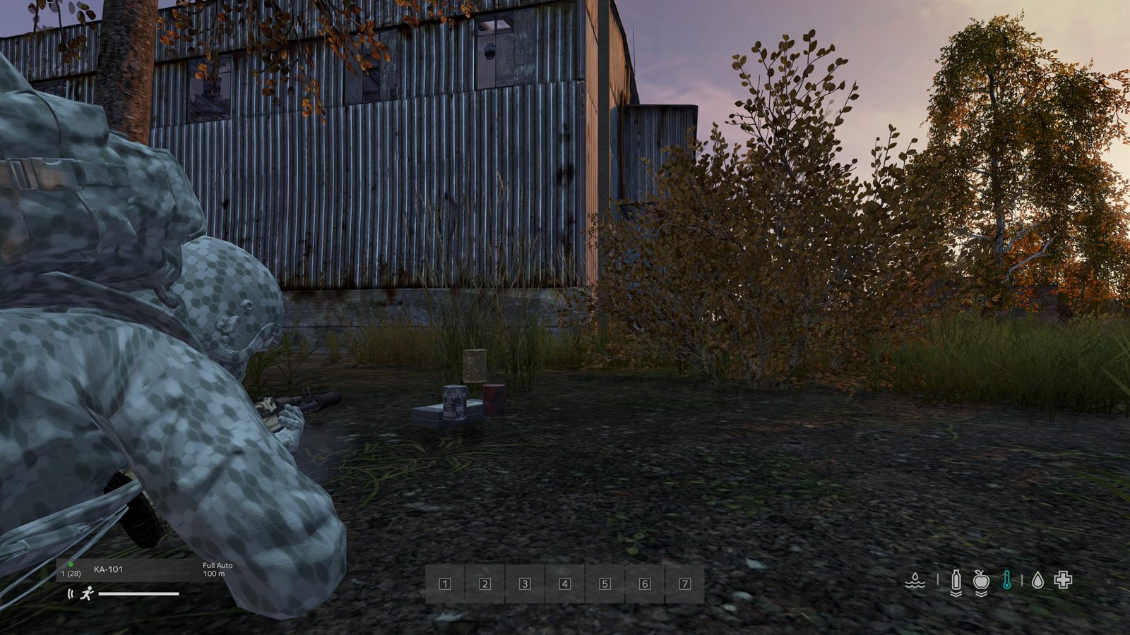 A survivor in a fully painted winter loadout - jacket, backpack, helmet and rifle all matching