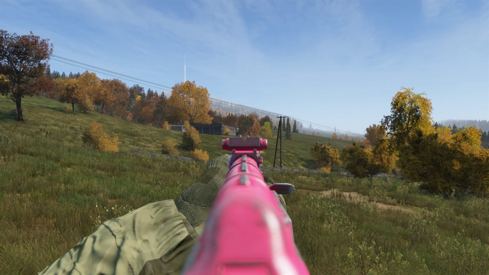 A bright pink painted rifle held up against a sunlit Chernarus landscape