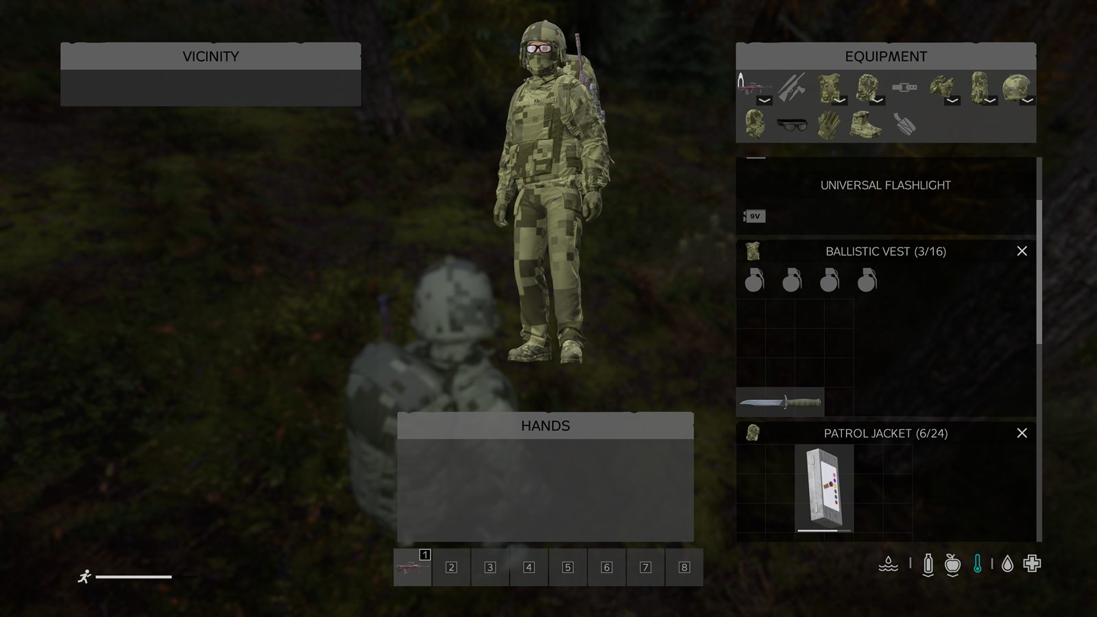 Inventory screen showing every equipment slot filled with matching pixel-camo gear - helmet, mask, vest, jacket, trousers, gloves, boots and backpack